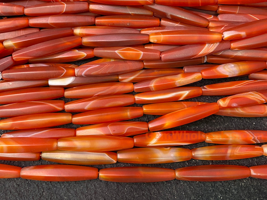 15" 10x50mm matte/frosted red stripe Agate oval/rice beads
