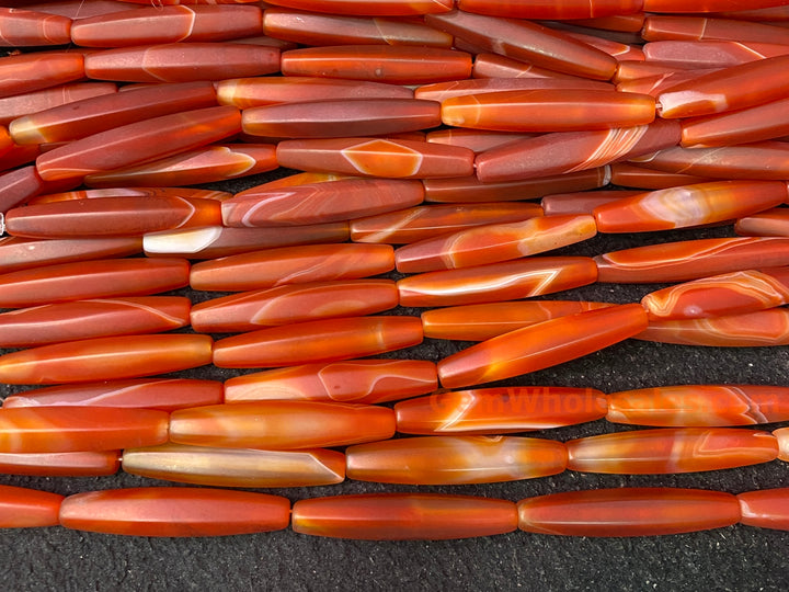 15" 10x50mm matte/frosted red stripe Agate oval/rice beads