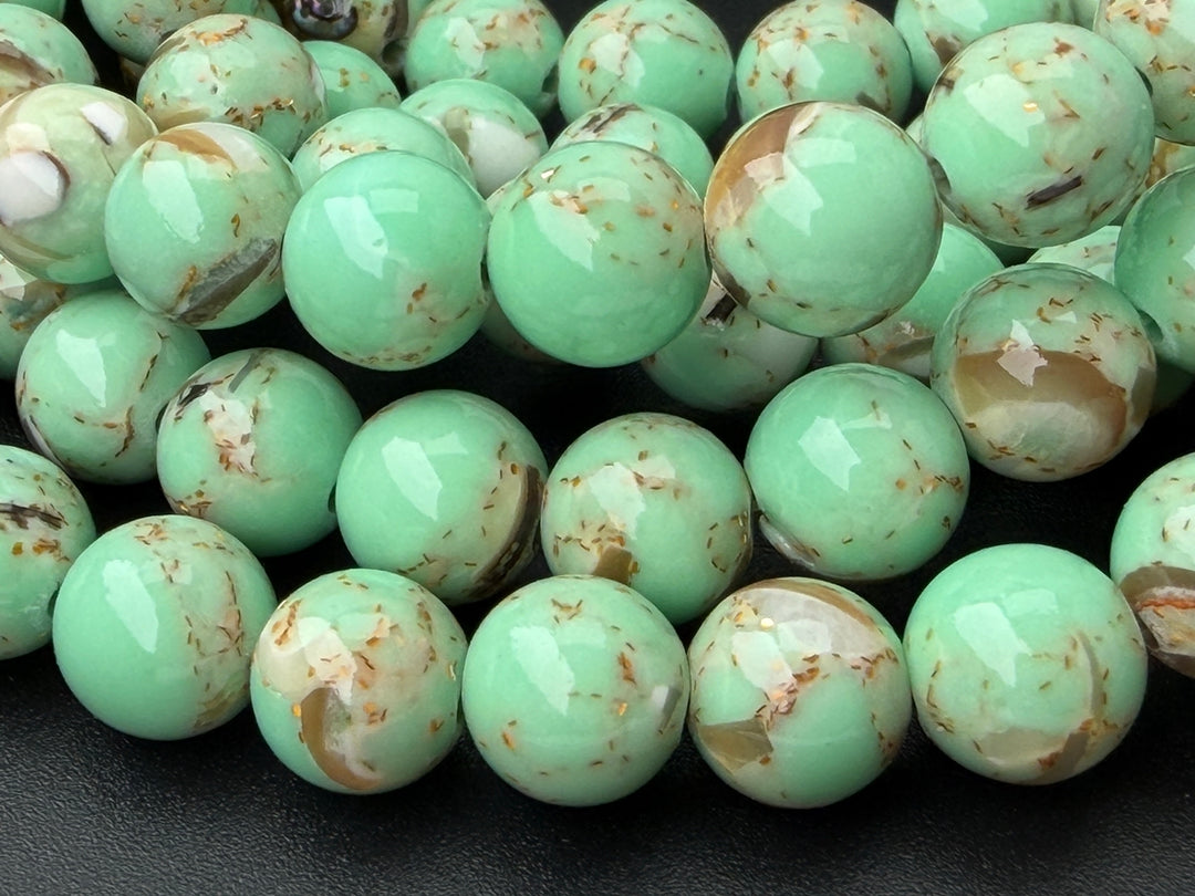 Perles rondes turquoises vertes de 8 mm avec incrustation de coquillages, 15,5 pouces