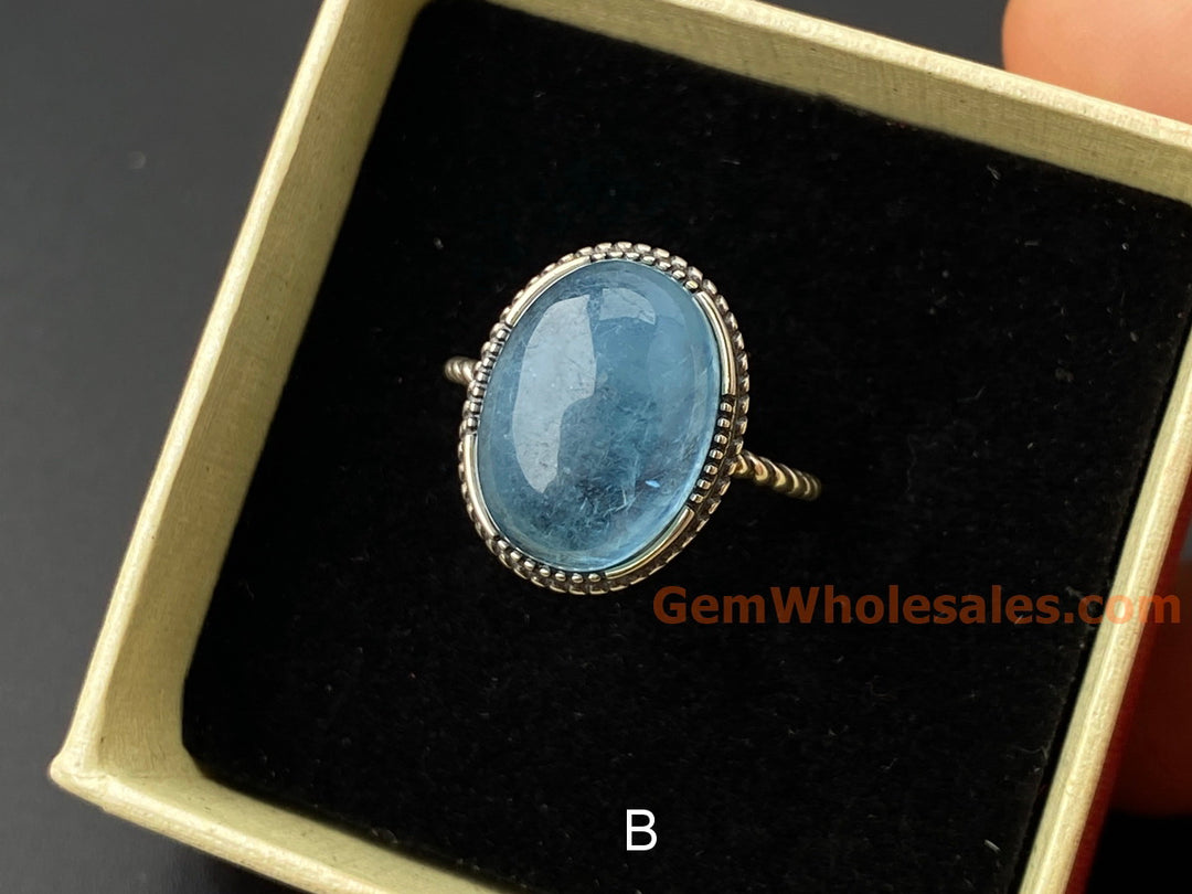 925 sterling silver rings with oval Natural aquamarine cabochon stone