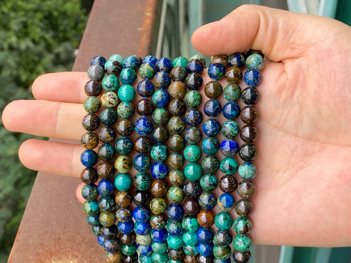 15" Genuine Azurite 8mm round beads, natural Green blue color beads