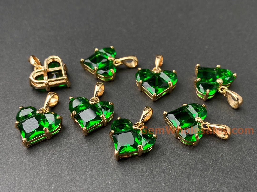 2PCS 14mm Green CZ heart, Gold Plated brass heart charms pendant