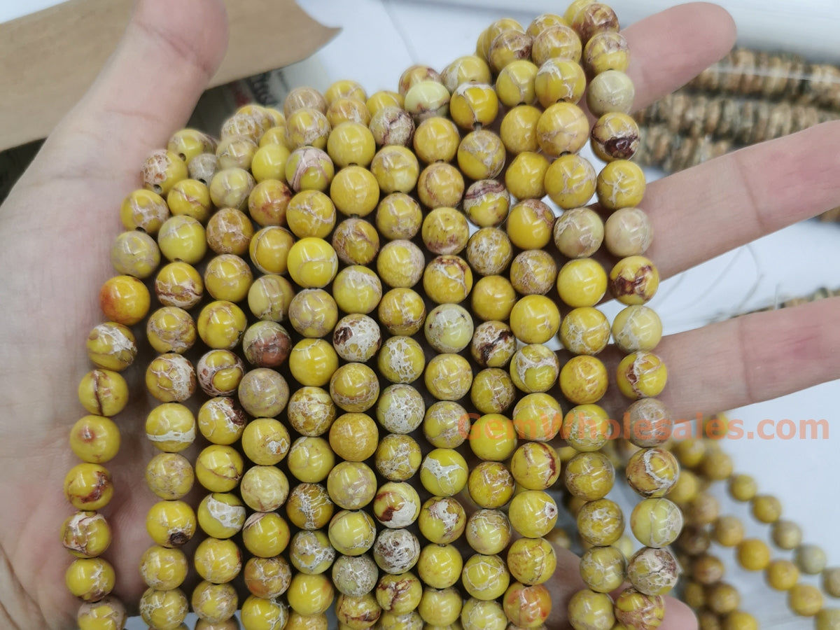 15.5" 8mm yellow emperor jasper, Sea Sediment round beads, terra jasper