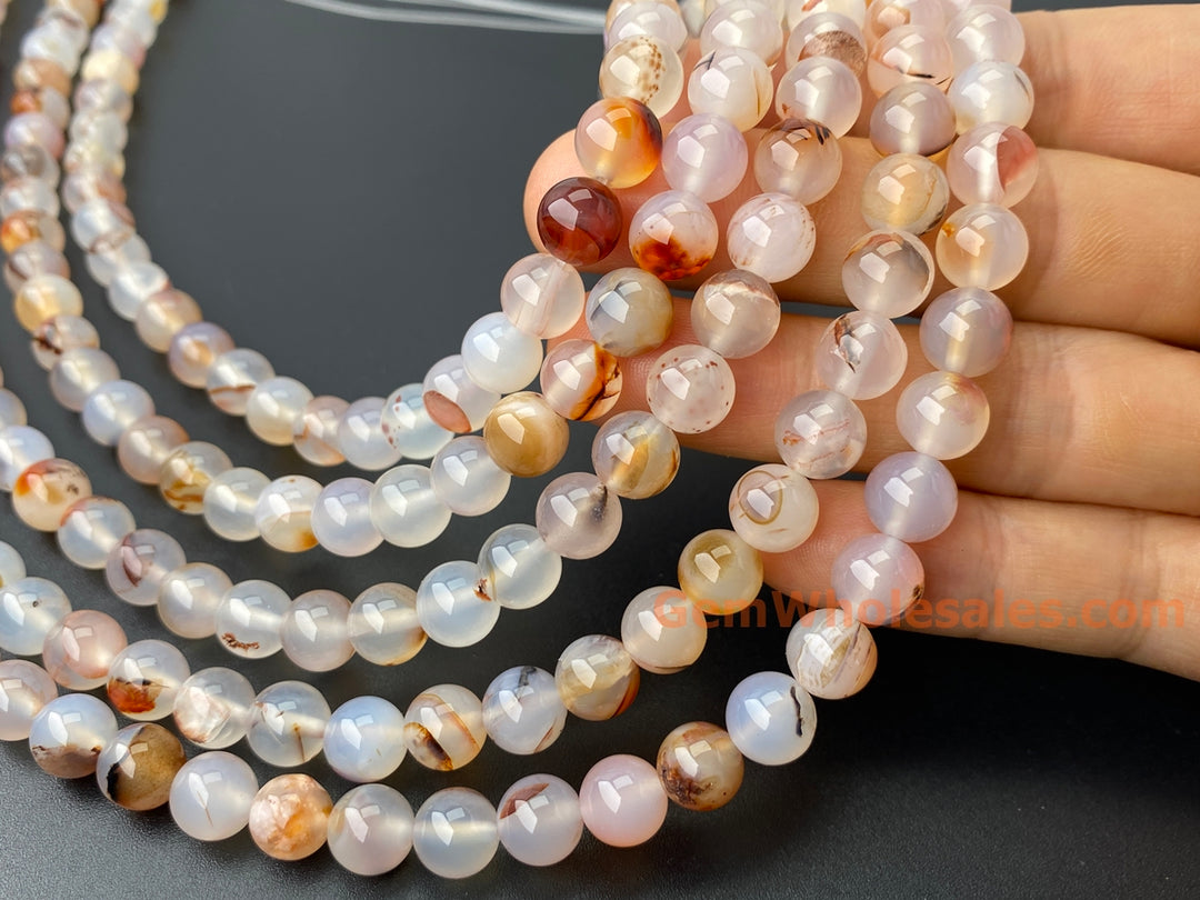 8mm translucent milky White Chalcedony Agate Round Beads, redish, 15"