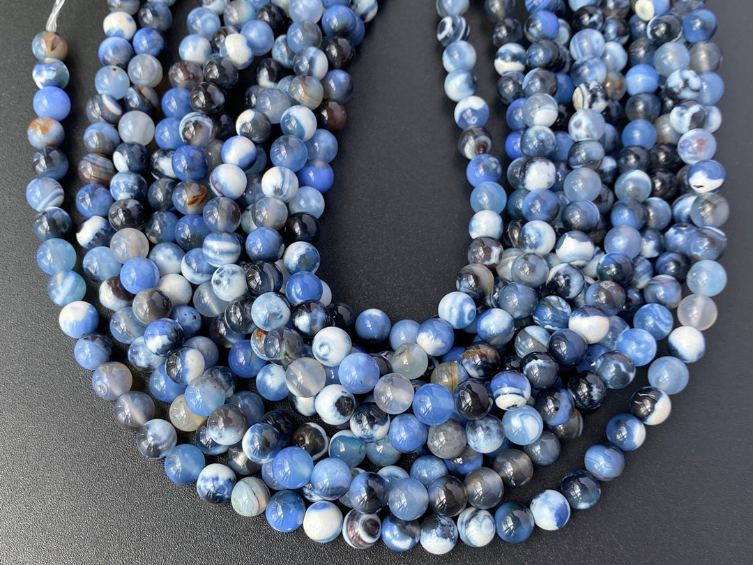 15.5" 8mm Dream grey blue Fire agate round beads, with special stripe