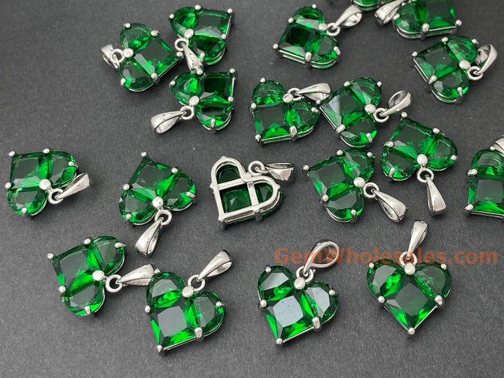 2PCS 14mm Green CZ heart, Silver Color Plated brass heart charms pendant