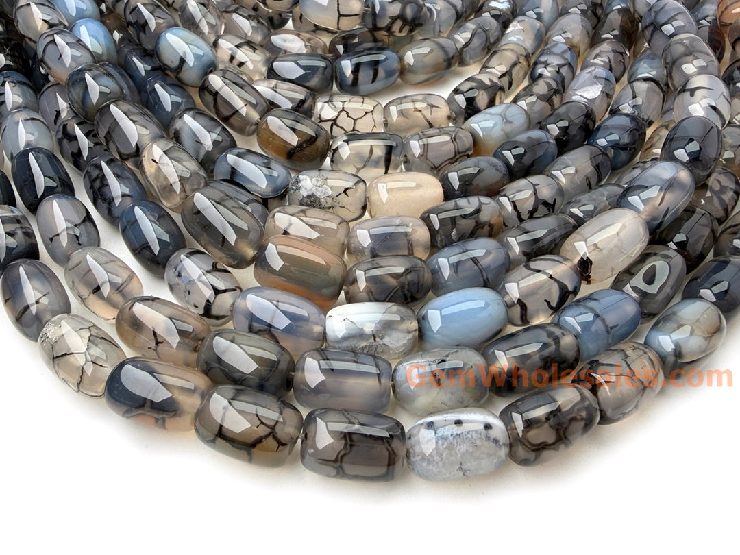 8x12mm black Grey dragon veins agate Barrel Beads, 15.5"