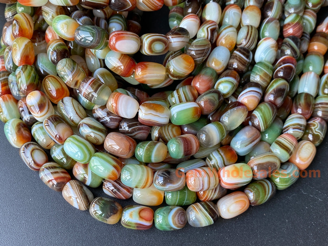 10x14mm Red Green banded Agate barrel beads, 15"
