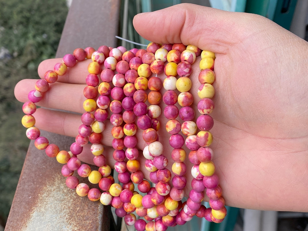 15.5" rose red yellow rain flower stone round beads 6mm/8mm/10mm/12mm