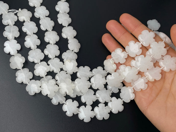 15" natural white jade flower beads 15mm/20mm, semi-precious stone flower