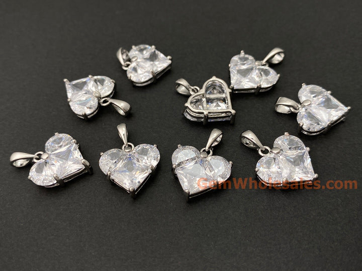 2PCS 14mm clear CZ heart, silver plated brass heart charms pendant