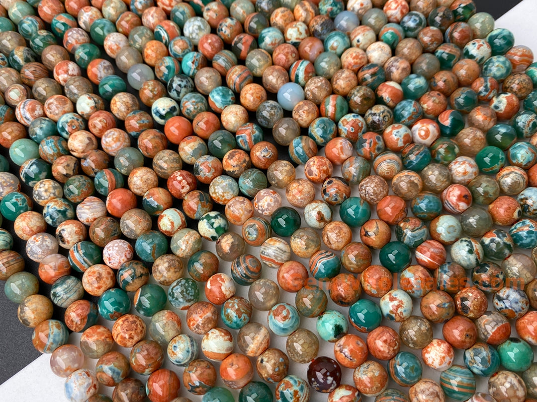 Perles rondes en pierre semi-précieuse d'agate de feu verte orange de 15 pouces et 8 mm