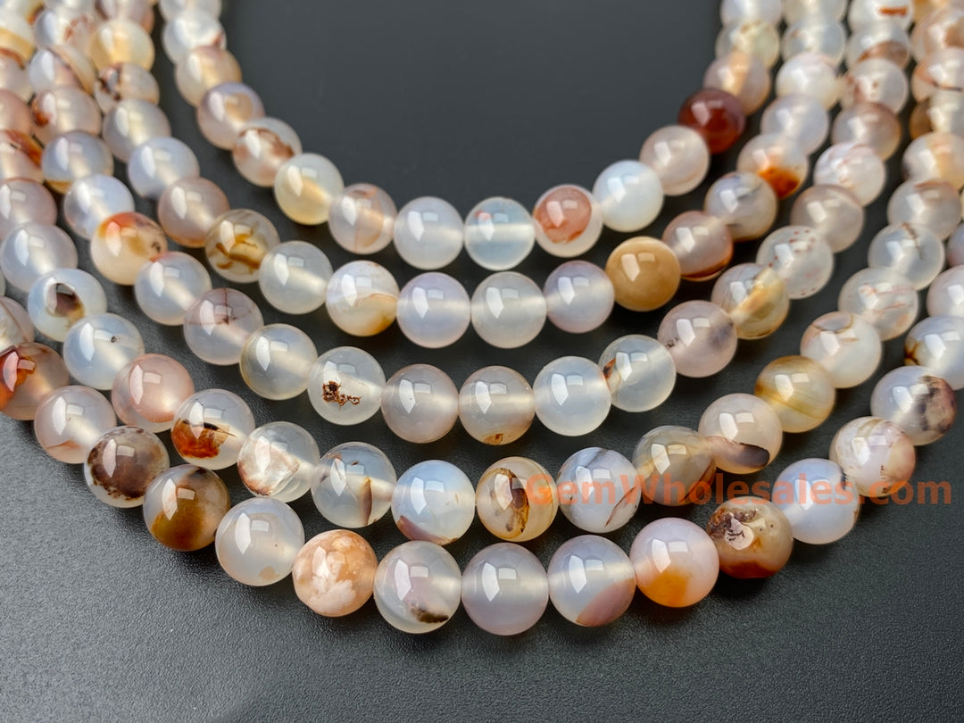 8mm translucent milky White Chalcedony Agate Round Beads, redish, 15"