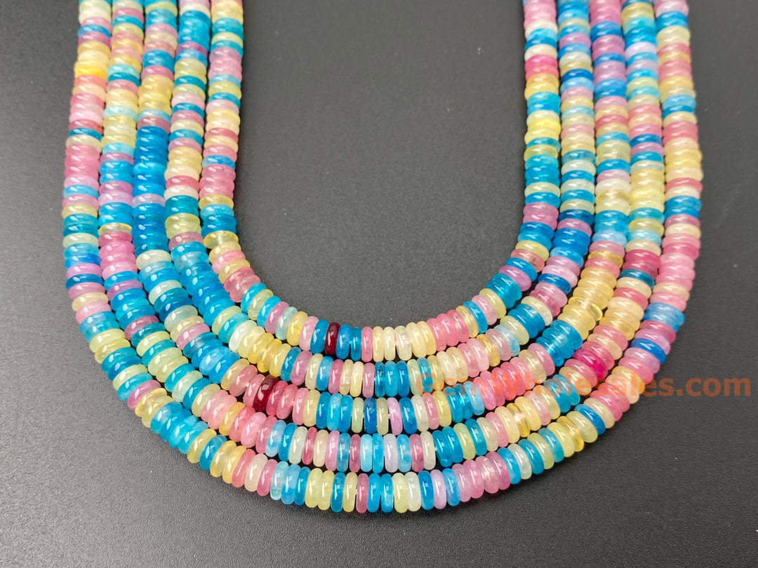 2x6mm Pink blue Yellow multi color jade Heishi beads, 15"