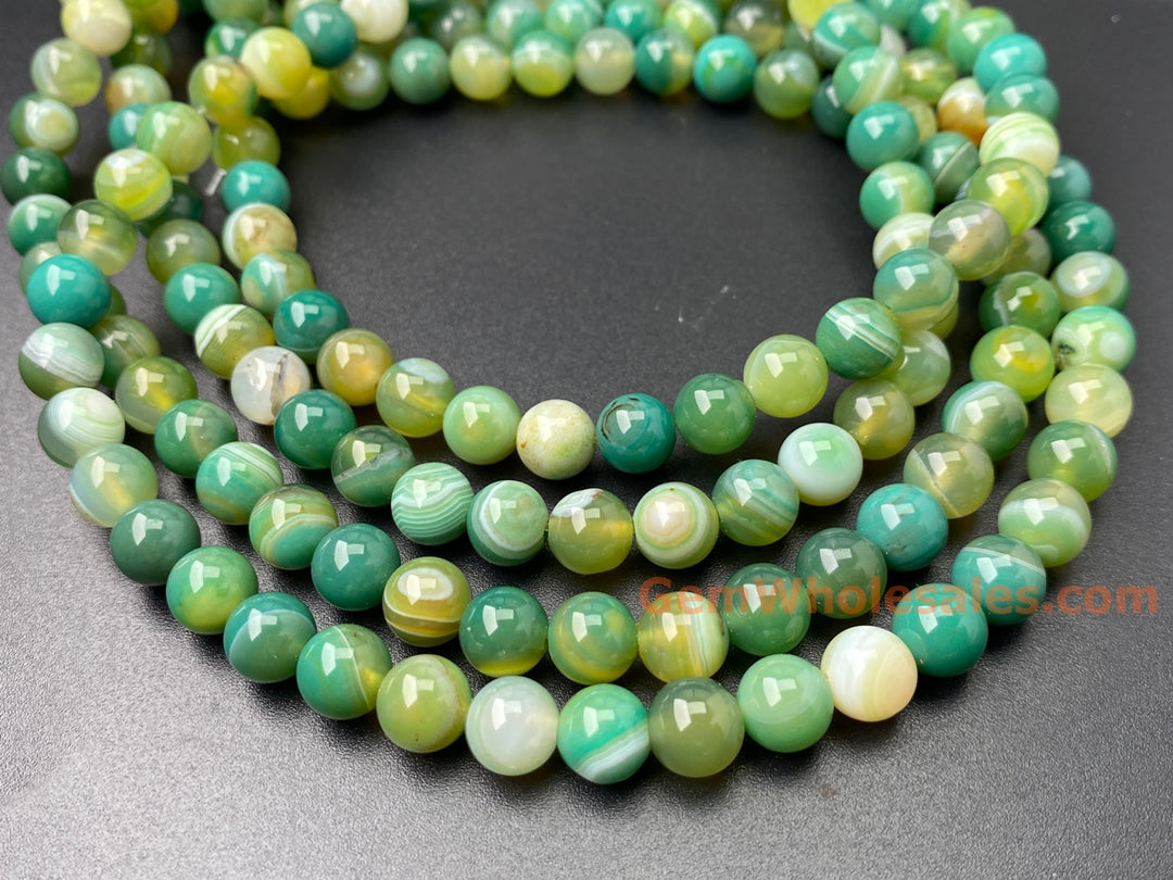 15" 8mm Mix Green stripe agate round semi precious stone beads