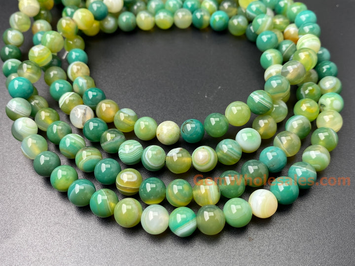15" 8mm Mix Green stripe agate round semi precious stone beads