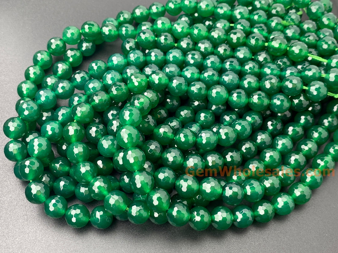 8mm green Agate Round faceted jewelry beads, 15"