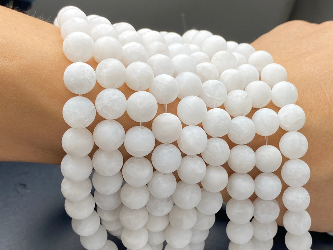 15" natural 10mm matte crack white jade Round beads