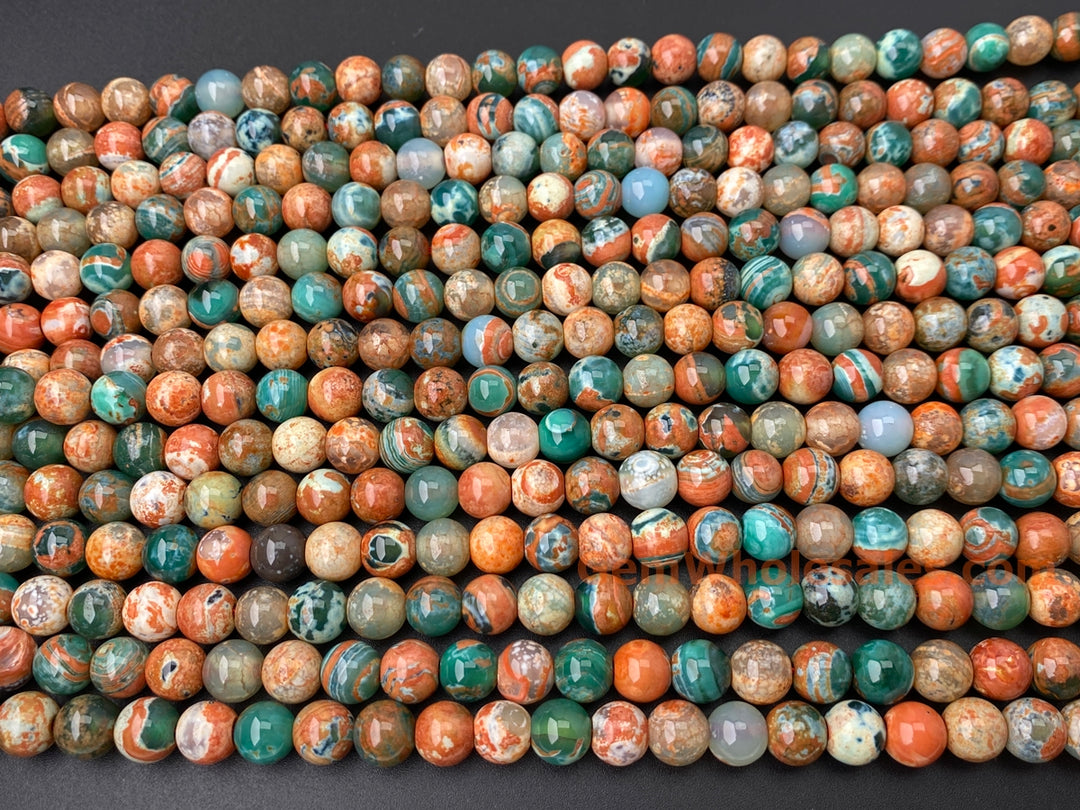 Perles rondes en pierre semi-précieuse d'agate de feu verte orange de 15 pouces et 8 mm
