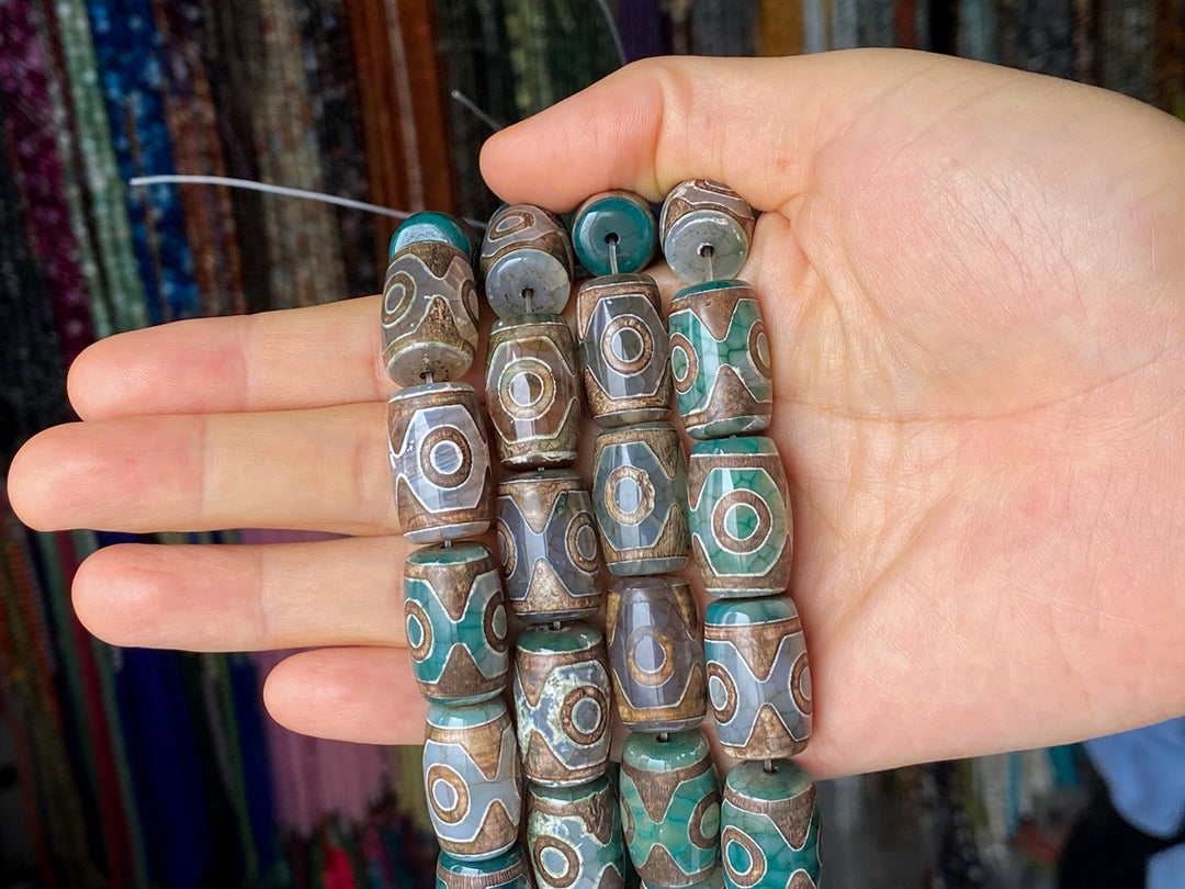 14" 15x22mm Antique green Bulk tibetan Dzi agate barrel drum beads 3 EYE