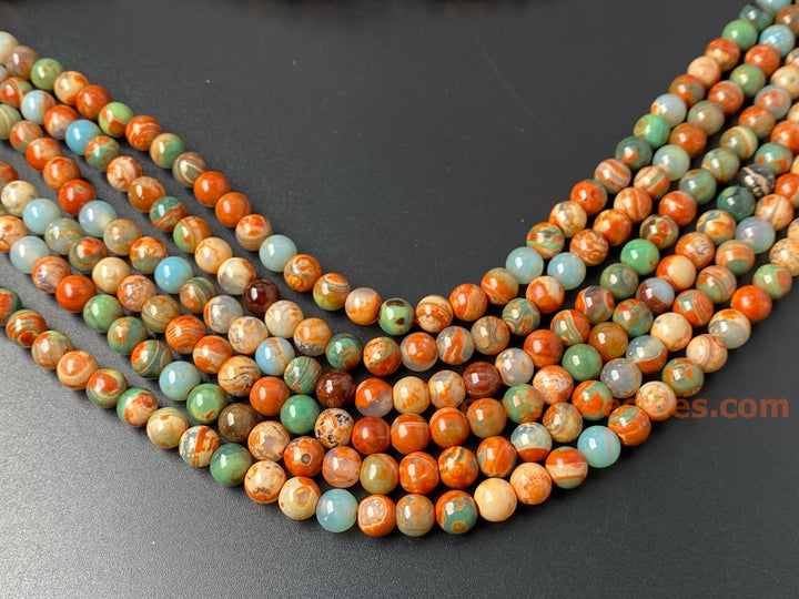 15" 8mm orange Green fire agate round semi precious stone beads