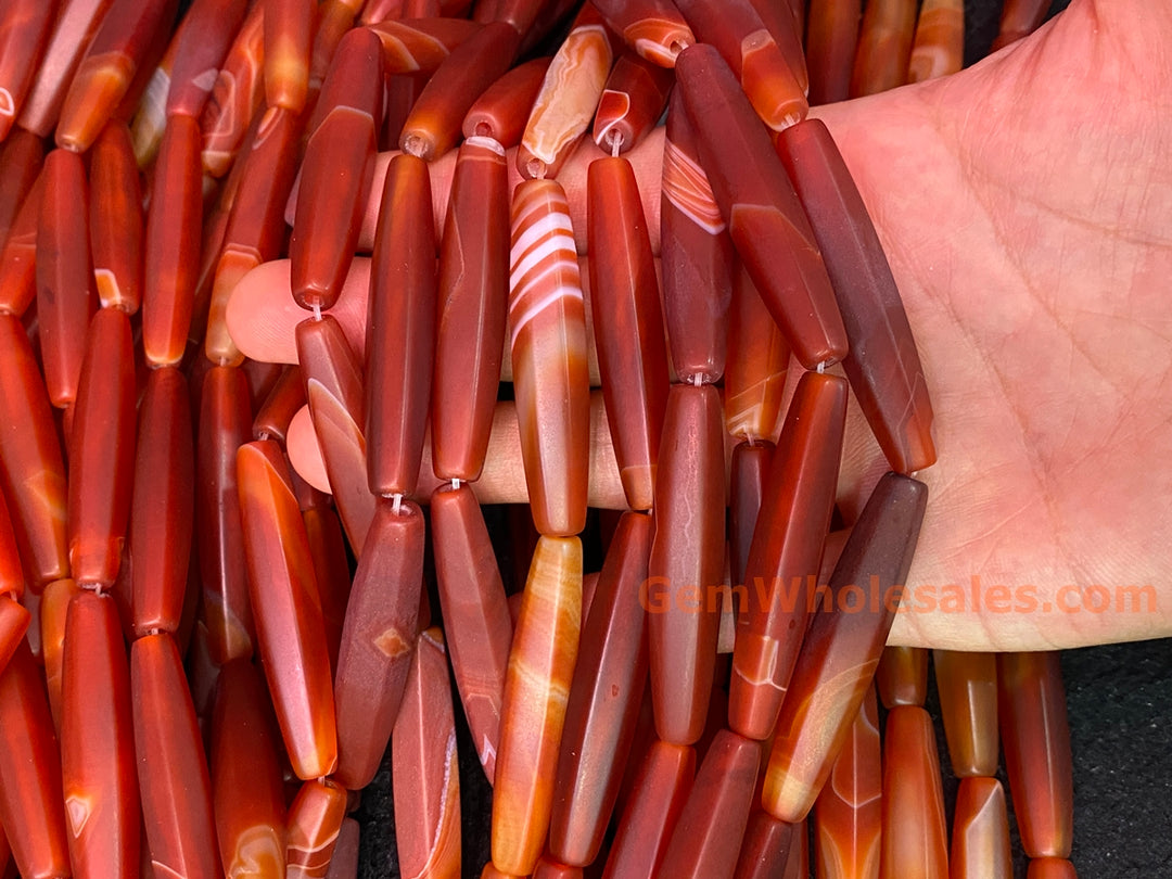 15" 10x50mm matte/frosted red stripe Agate oval/rice beads