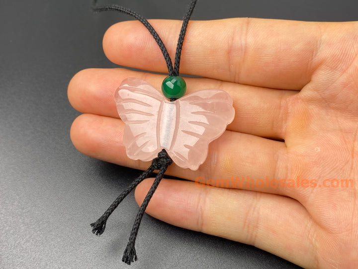 28x38mm big natural Rose quartz butterfly pendant handmade necklace