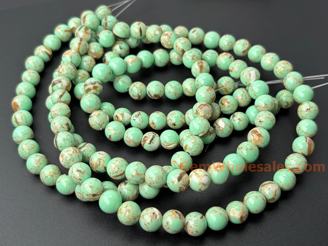 Perles rondes turquoises vertes de 8 mm avec incrustation de coquillages, 15,5 pouces