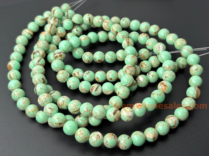 Perles rondes turquoises vertes de 8 mm avec incrustation de coquillages, 15,5 pouces