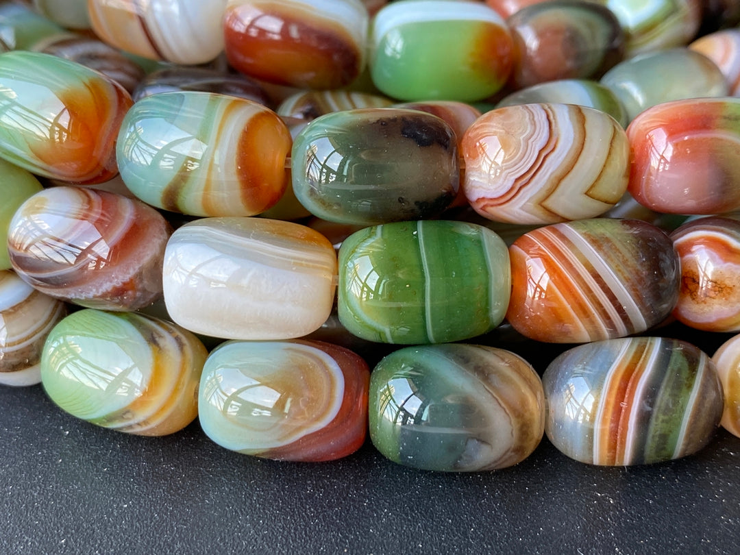 10x14mm Red Green banded Agate barrel beads, 15"