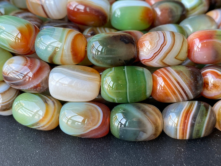 10x14mm Red Green banded Agate barrel beads, 15"