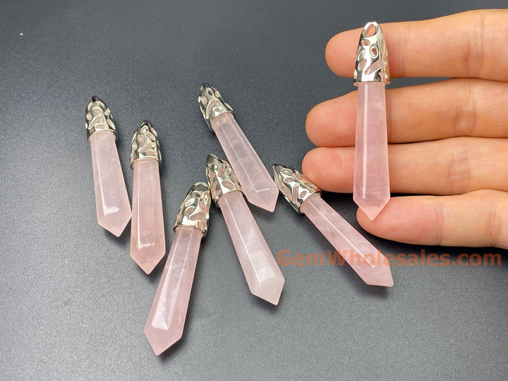 1PC 10x58mm natural rose quartz Crystal Point Pendant, Hexagonal Wand