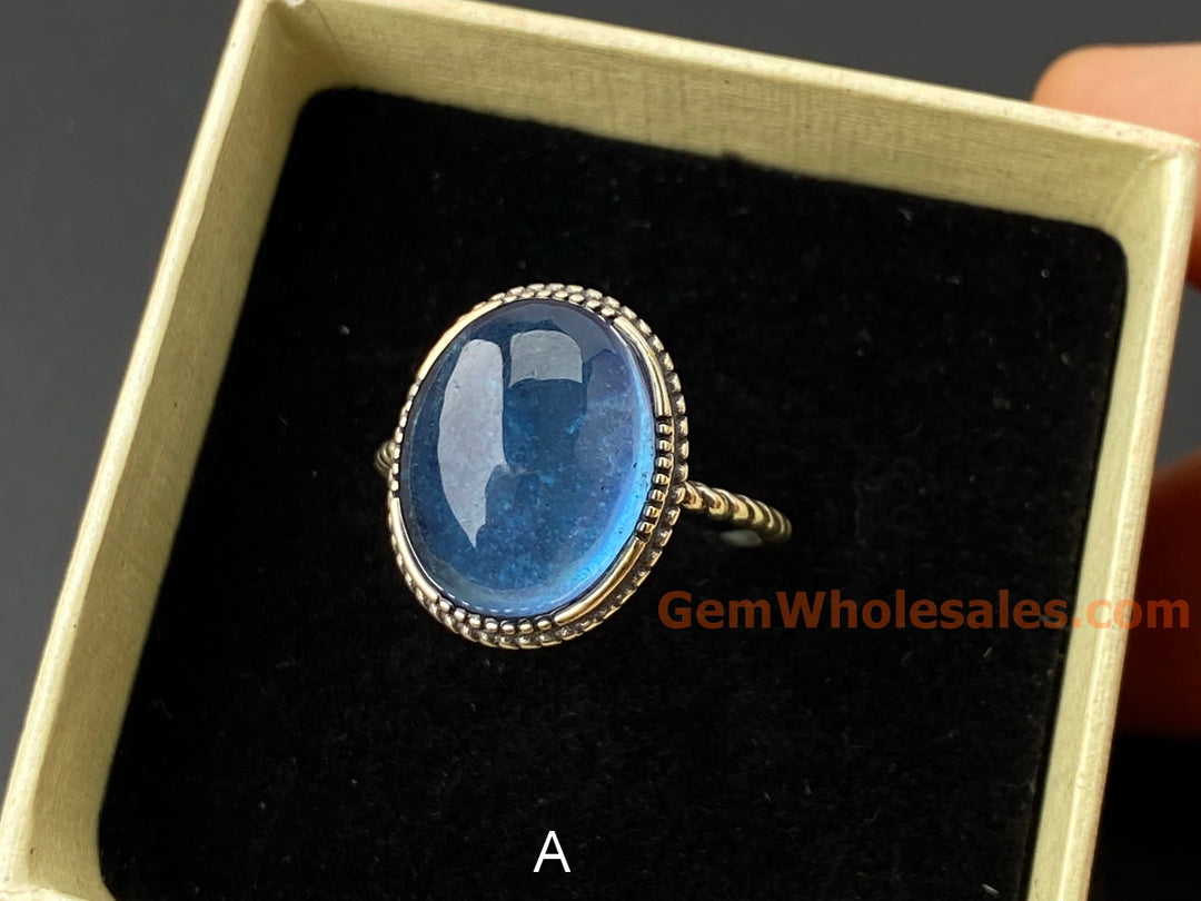 925 sterling silver rings with oval Natural aquamarine cabochon stone