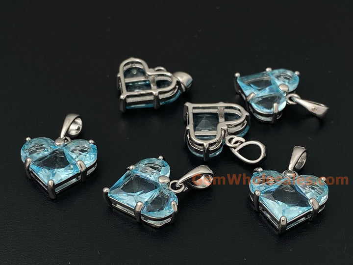 2PCS 14mm light blue CZ heart, Silver Color Plated brass heart charms pendant