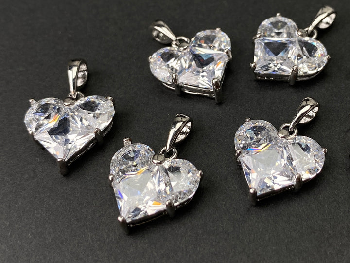 2PCS 14mm clear CZ heart, silver plated brass heart charms pendant