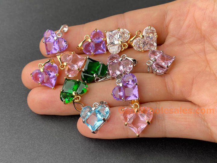 2PCS 14mm Green CZ heart, Gold Plated brass heart charms pendant