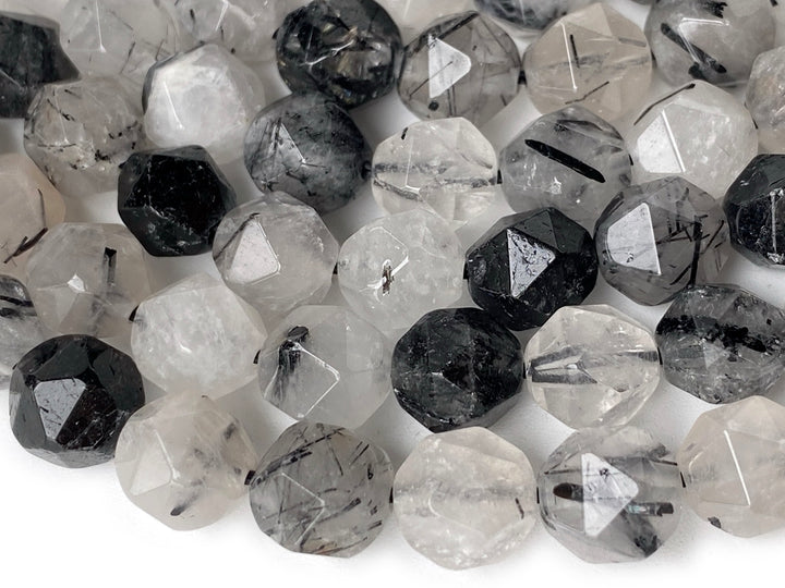 15.5" 10mm Natural black rutilated quartz star faceted beads