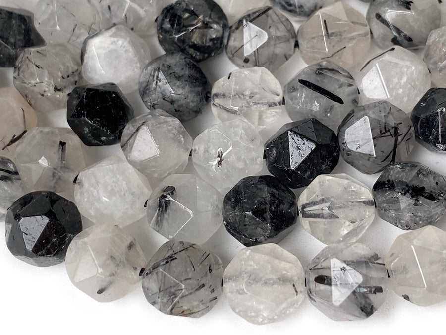 15.5" 8mm Natural black rutilated quartz star faceted beads