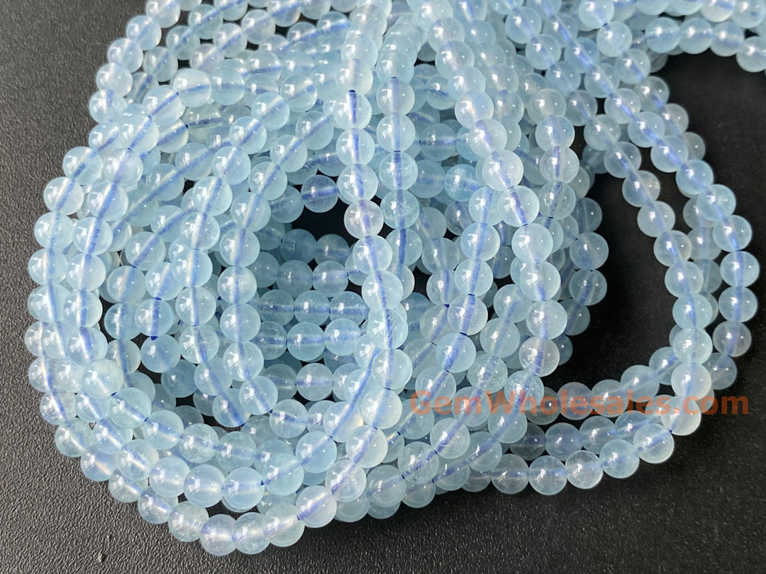 Perles rondes en aigue-marine naturelle de 4 mm, 15,5 pouces, perles bleu clair laiteux