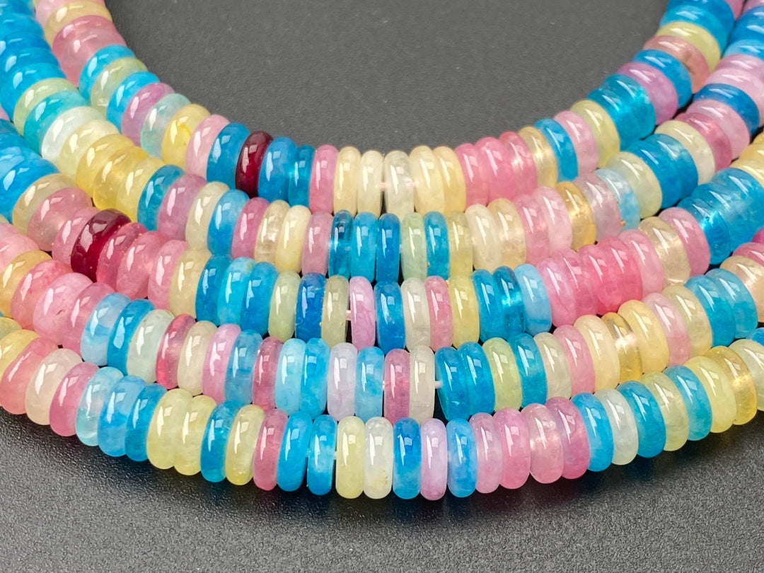 2x6mm Pink blue Yellow multi color jade Heishi beads, 15"