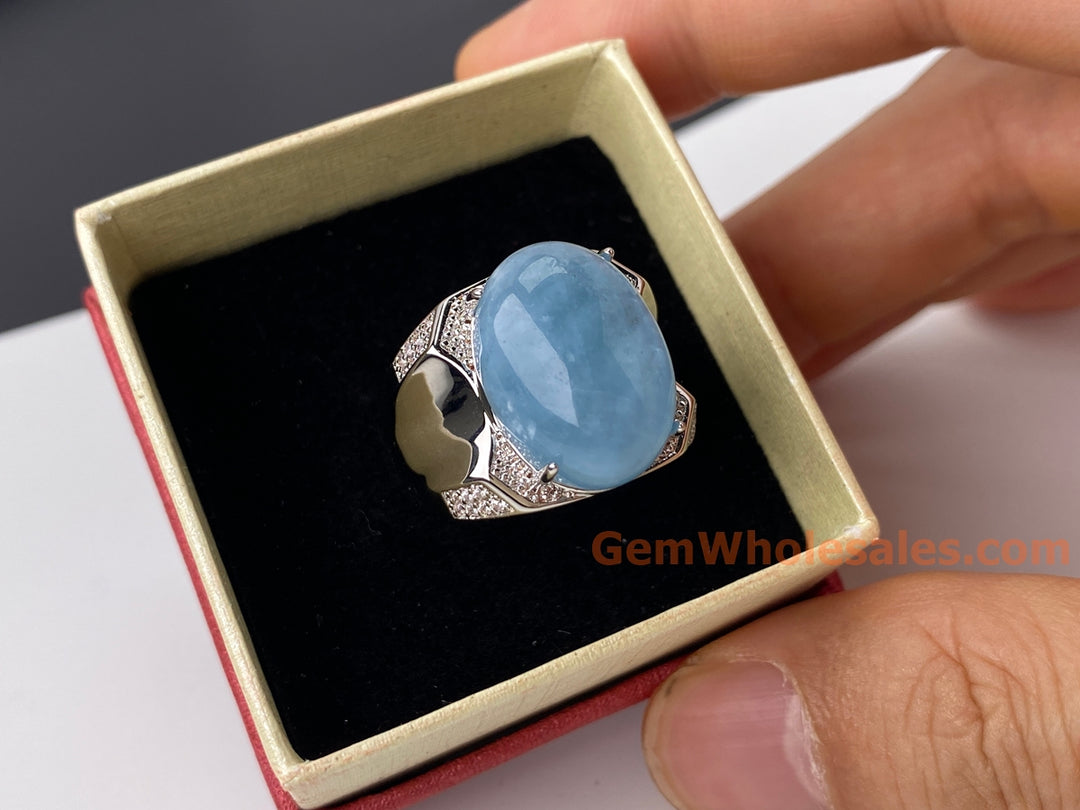 13x18mm natural Oval Aquamarine stone Ring, ajustable brass ring