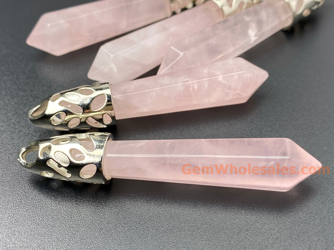 1PC 10x58mm natural rose quartz Crystal Point Pendant, Hexagonal Wand