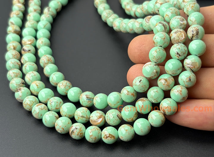 Perles rondes turquoises vertes de 8 mm avec incrustation de coquillages, 15,5 pouces
