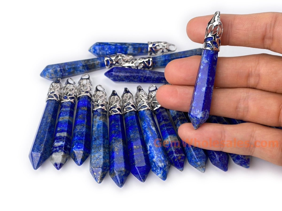 10x65mm lapis lazuli Crystal Point Pendant, Hexagonal Wand