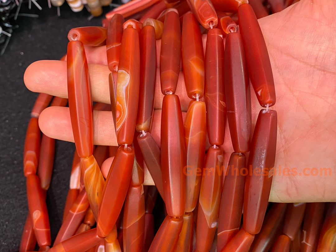 15" 10x50mm matte/frosted red stripe Agate oval/rice beads
