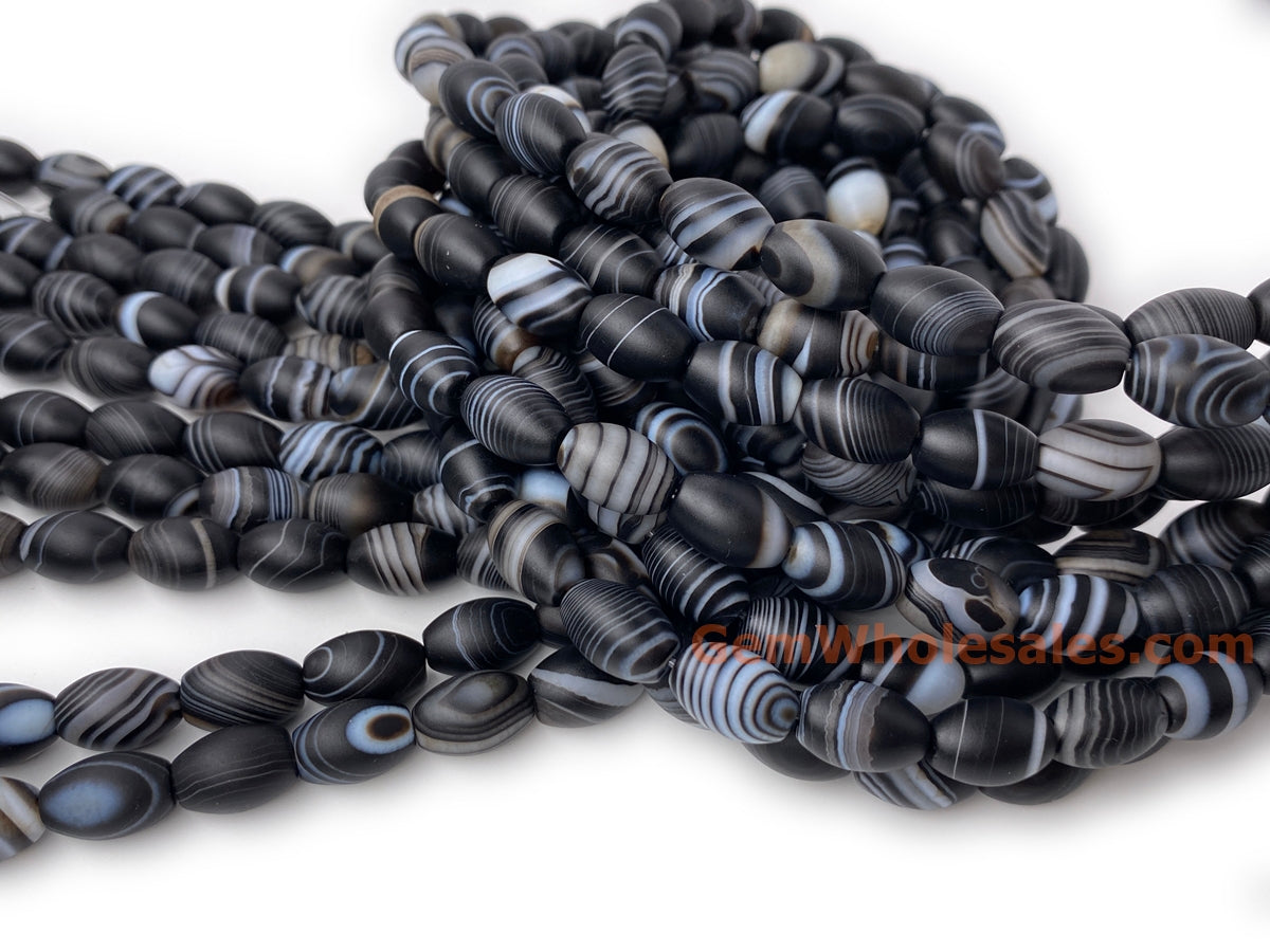 15.5" 8x12mm matte/frosted black stripe Agate oval/rice beads