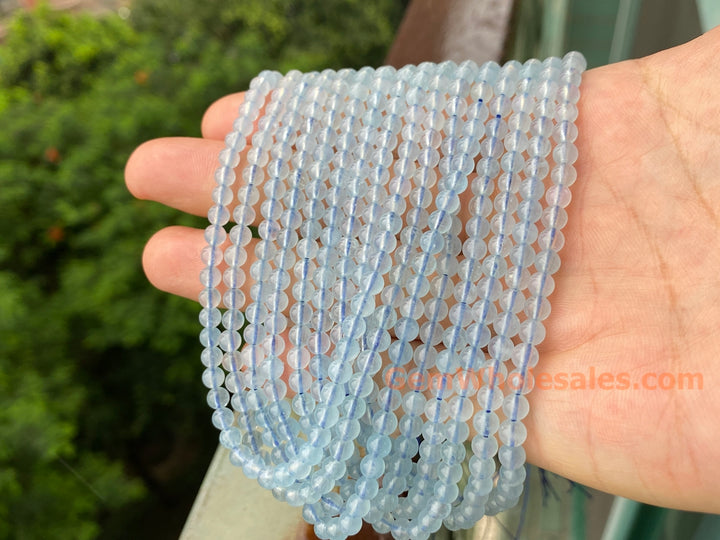 Perles rondes en aigue-marine naturelle de 4 mm, 15,5 pouces, perles bleu clair laiteux