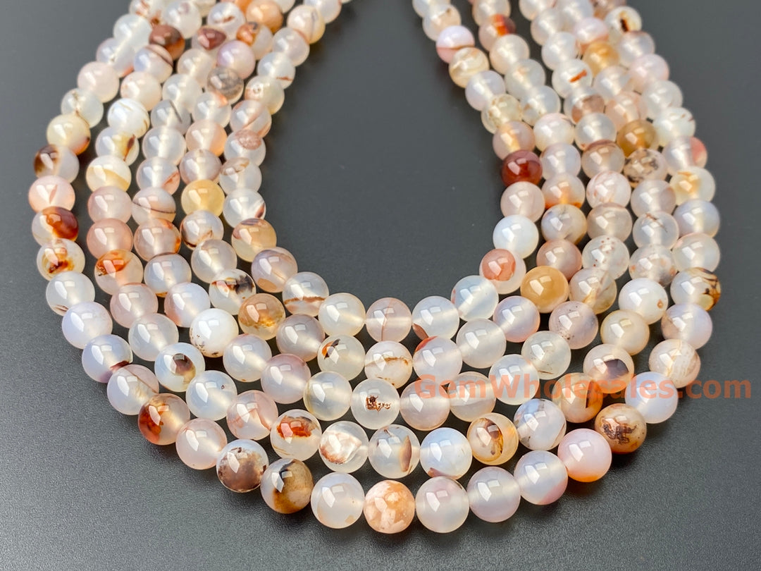 8mm translucent milky White Chalcedony Agate Round Beads, redish, 15"