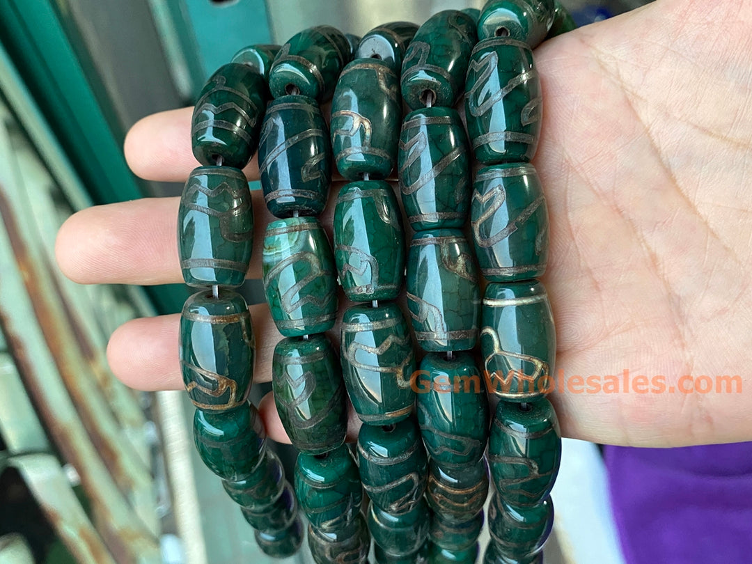 Lot de 12 perles tambour en agate dzi tibétaine verte antique de 15 x 22 mm, en vrac, de style lotus