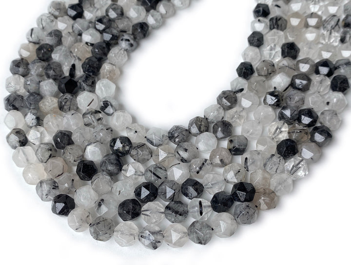 15.5" 10mm Natural black rutilated quartz star faceted beads